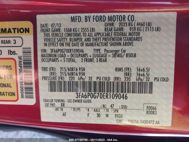 3FA6P0G70ER109046 Ford FUSION S