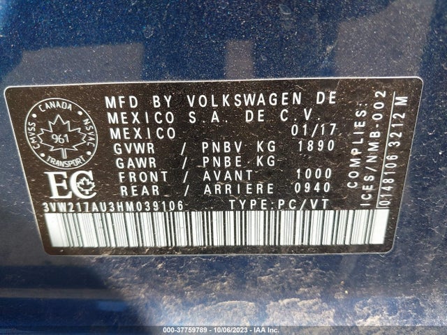 3VW217AU3HM039106 Volkswagen GOLF S