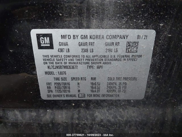 Chevrolet Trax Awd Ls 2021 KL7CJNSB7MB353672 Image 9