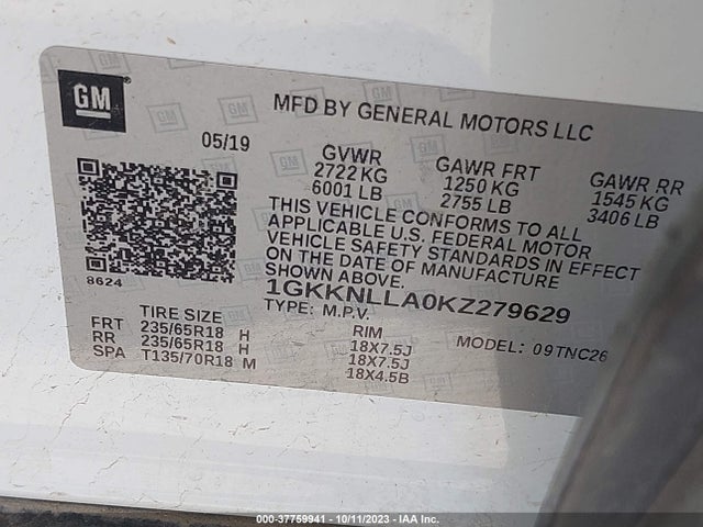 GMC Acadia Sle-2 2019 1GKKNLLA0KZ279629 Image 9