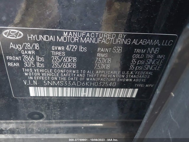 2019 HYUNDAI SANTA FE SEL PLUS VIN: 5NMS33AD6KH032540