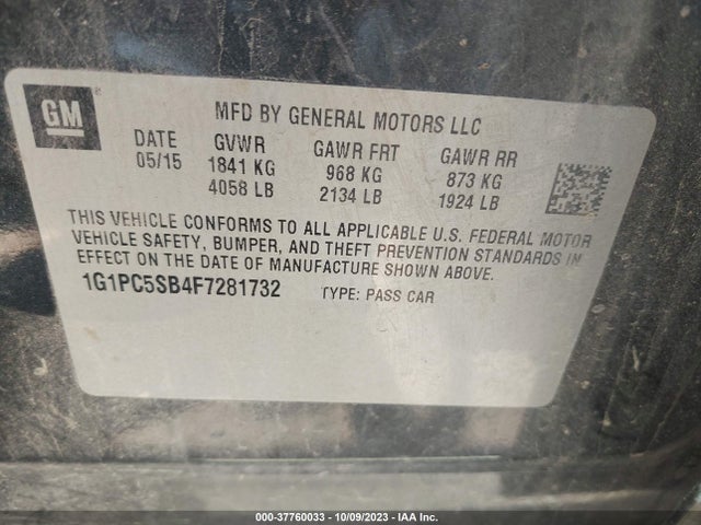 2015 CHEVROLET CRUZE 1LT AUTO VIN: 1G1PC5SB4F7281732