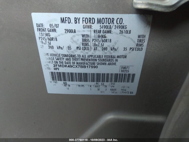 2007 FORD EDGE SEL PLUS VIN: 2FMDK49CX7BB17590