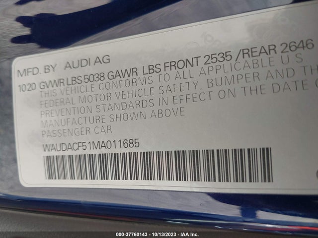 WAUDACF51MA011685 Audi A5 Sportback S Line Premium