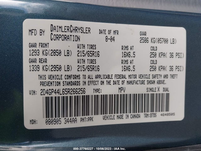 2005 DODGE GRAND CARAVAN SXT VIN: 2D4GP44L65R266256