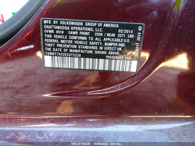 1VWBT7A32EC073326 Volkswagen PASSAT SE