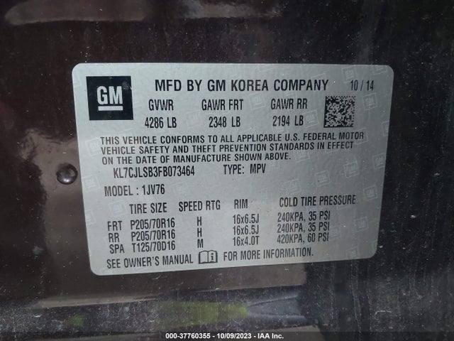 Chevrolet Trax Lt 2015 KL7CJLSB3FB073464 Image 9