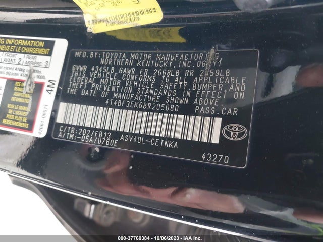 Aukcja sprzedaży 2011 Toyota Camry Le, vin: 4T4BF3EK6BR205080, numer aukcji: 37760384