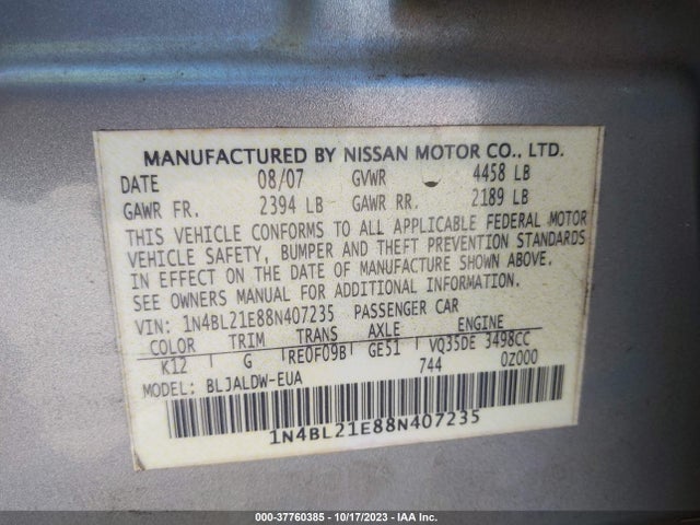 37760385 :رقم المزاد ، 1N4BL21E88N407235 vin ، 2008 Nissan Altima 3.5 Se مزاد بيع
