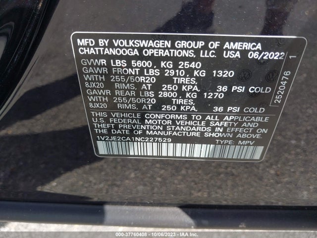 1V2JE2CA1NC227529 Volkswagen Atlas Cross Sport 3.6l V6 Se W/technology
