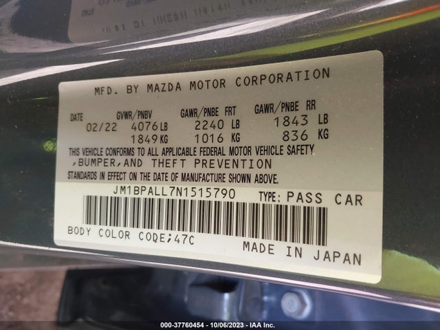 2022 MAZDA MAZDA3 HATCHBACK CARBON EDITION VIN: JM1BPALL7N1515790
