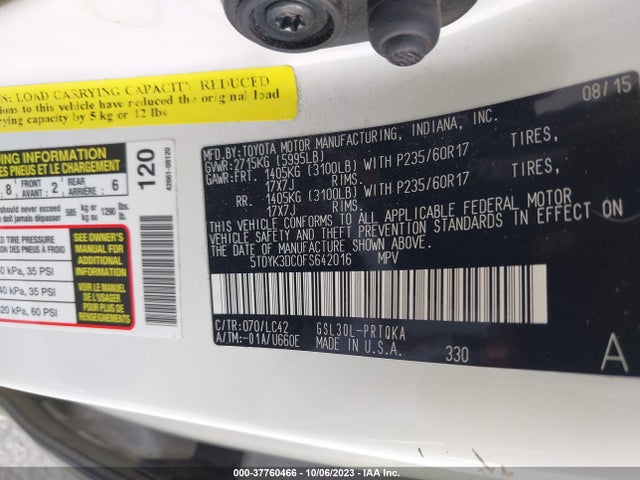 Toyota Sienna Xle/xle Aas/ltd 2015 5TDYK3DC0FS642016 Image 9