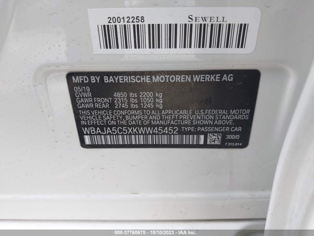 BMW 530I 2019 WBAJA5C5XKWW45452 Image 9