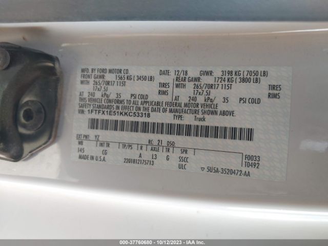 1FTFX1E51KKC53318 Ford F-150 Xl/xlt/lariat