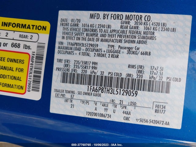 2020 FORD MUSTANG ECOBOOST VIN: 1FA6P8TH3L5129059