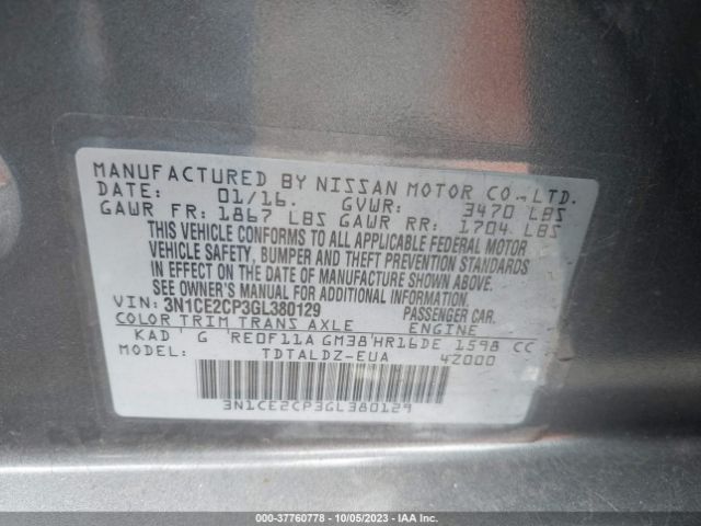 3N1CE2CP3GL380129 Nissan Versa Note S/s Plus/sv/sr/sl