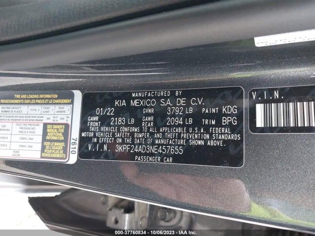 2022 KIA FORTE LXS VIN: 3KPF24AD3NE457655