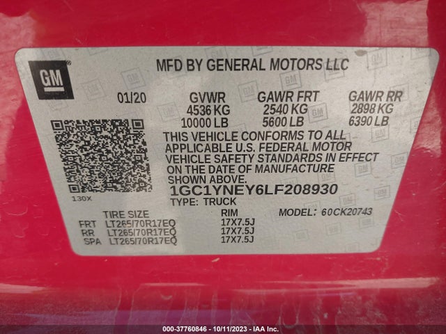 2020 CHEVROLET SILVERADO 2500HD LT VIN: 1GC1YNEY6LF208930