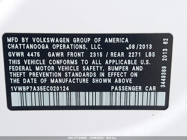 Volkswagen PASSAT SE 2014 1VWBP7A35EC020124 Image 9