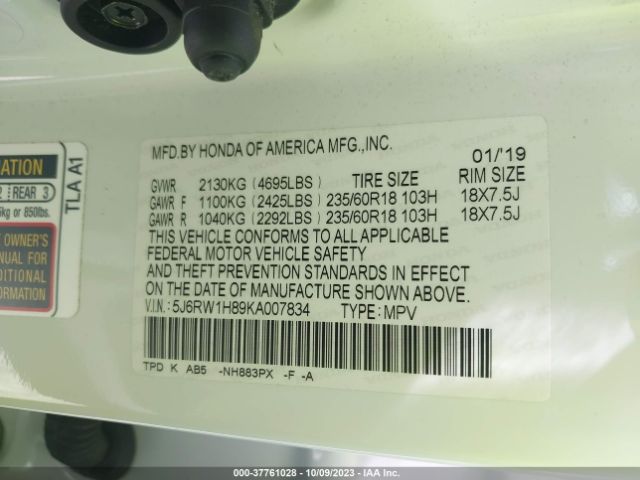 5J6RW1H89KA007834 Honda Cr-v Ex-l