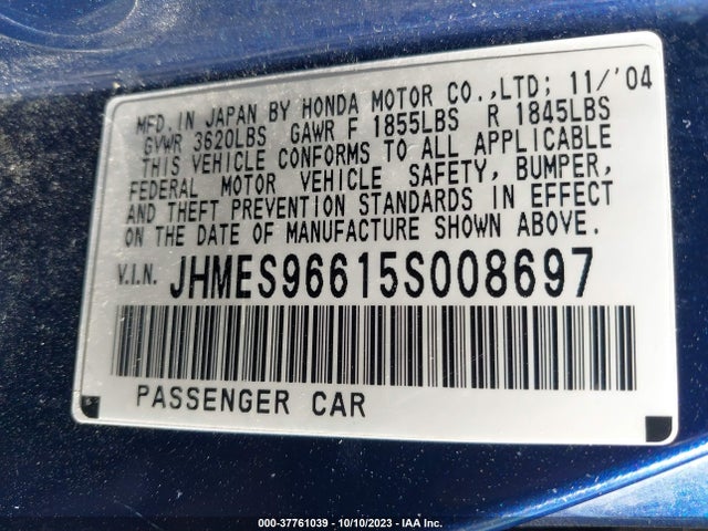 2005 HONDA CIVIC HYBRID VIN: JHMES96615S008697