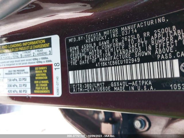 Toyota AVALON LIMITED 2014 4T1BK1EB6EU102949 Image 9