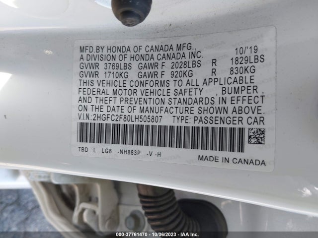 2020 HONDA CIVIC SEDAN SPORT VIN: 2HGFC2F80LH505807
