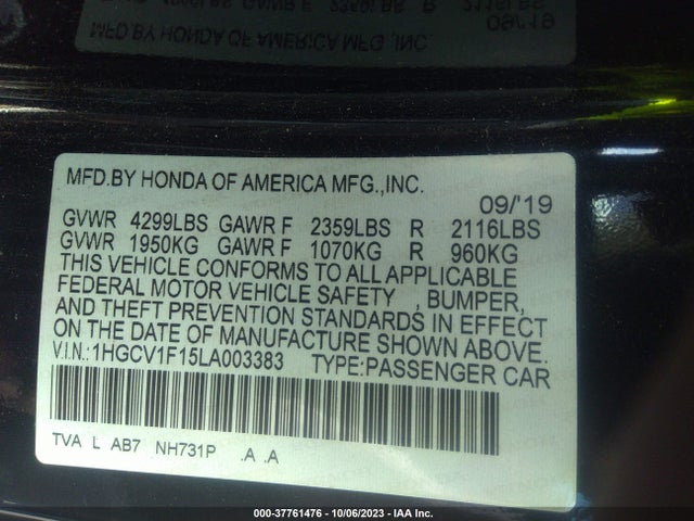Honda ACCORD LX 2020 1HGCV1F15LA003383 Image 9