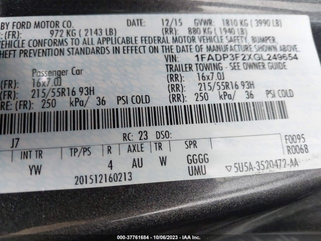 2016 FORD FOCUS SE VIN: 1FADP3F2XGL249654