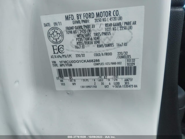 2012 FORD ESCAPE XLT VIN: 1FMCU0DG1CKA68286