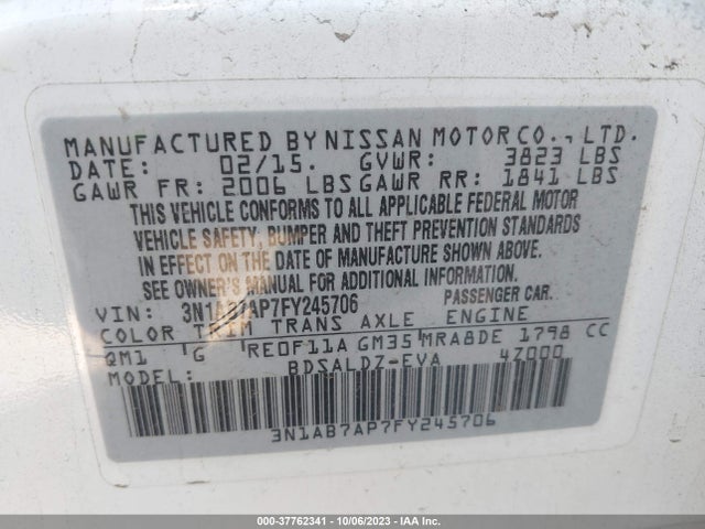 2015 NISSAN SENTRA SV VIN: 3N1AB7AP7FY245706