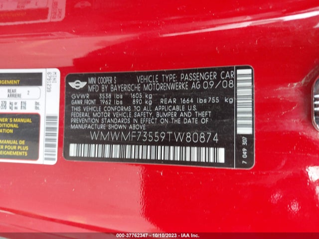 2009 MINI COOPER HARDTOP WMWMF73559TW80874 Photo 8