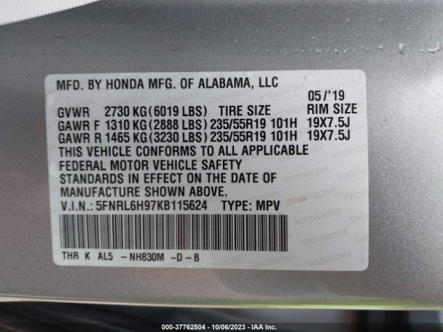 5FNRL6H97KB115624 Honda Odyssey Elite