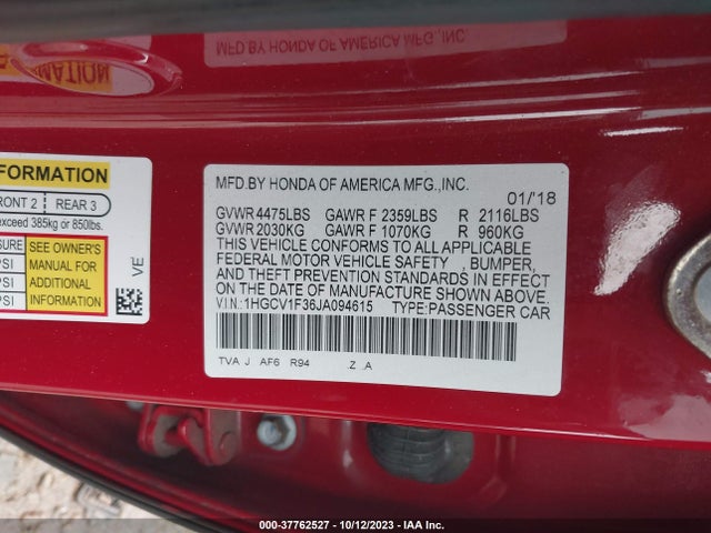 2018 HONDA ACCORD SPORT VIN: 1HGCV1F36JA094615
