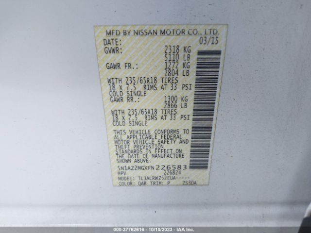 5N1AZ2MGXFN226583 Nissan Murano S/sv/sl/platinum