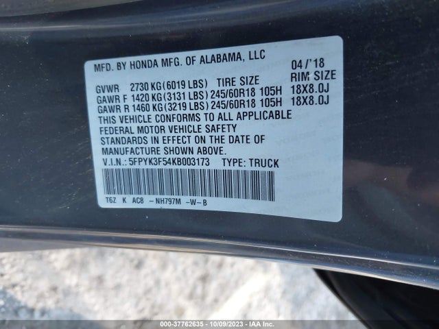 2019 HONDA RIDGELINE RTL VIN: 5FPYK3F54KB003173