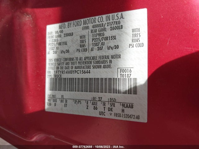 2000 FORD RANGER XL/XLT VIN: 1FTYR14V0YPC15644