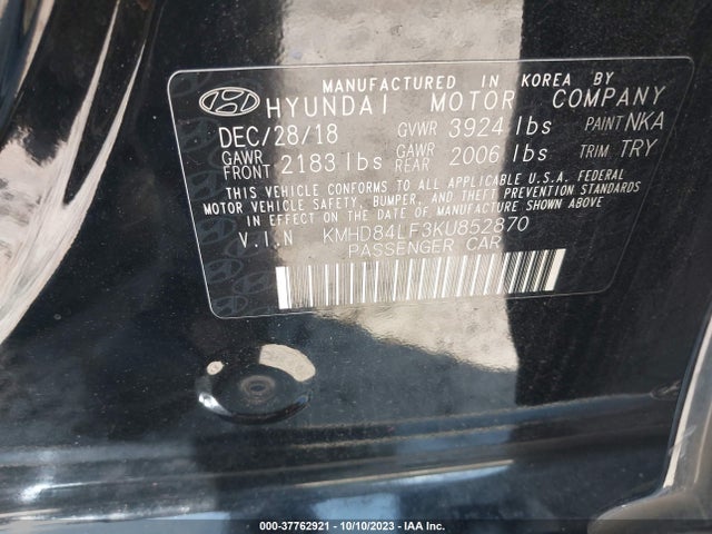 2019 HYUNDAI ELANTRA SEL VIN: KMHD84LF3KU852870