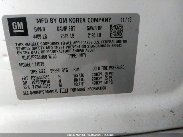 2017 BUICK ENCORE PREFERRED II VIN: KL4CJFSB6HB076750