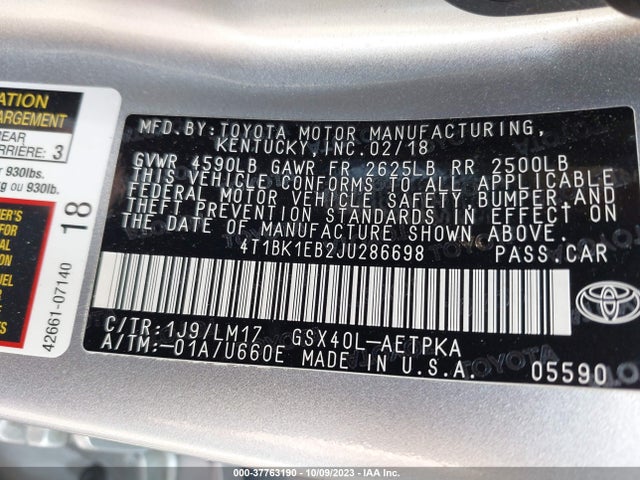 Toyota Avalon Xle/xle Plus 2018 4T1BK1EB2JU286698 Image 9