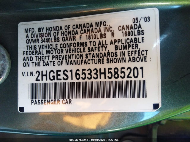 2003 HONDA CIVIC LX VIN: 2HGES16533H585201