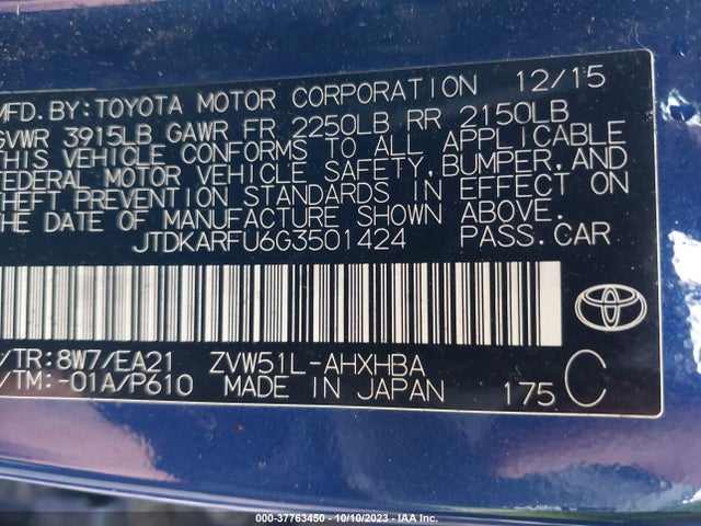Toyota Prius Four 2016 JTDKARFU6G3501424 Image 9