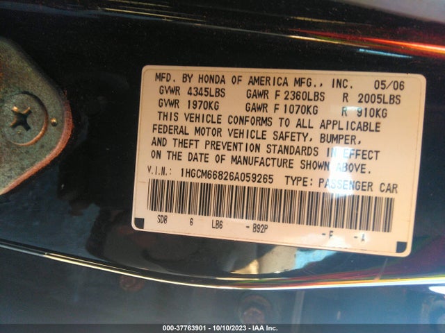 2006 HONDA ACCORD SDN EX-L V6 WITH NAVI VIN: 1HGCM66826A059265