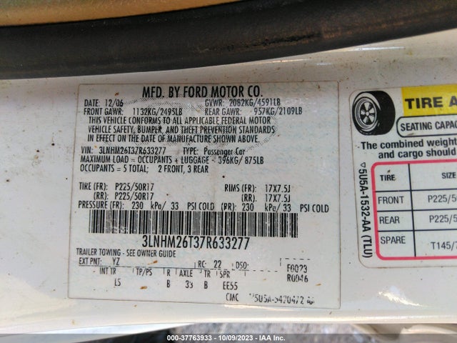2007 LINCOLN MKZ VIN: 3LNHM26T37R633277