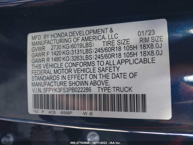 Honda Ridgeline Rtl 2023 5FPYK3F53PB022286 Image 9