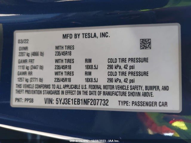 Tesla Model 3 Long Range 2022 5YJ3E1EB1NF207732 Image 9