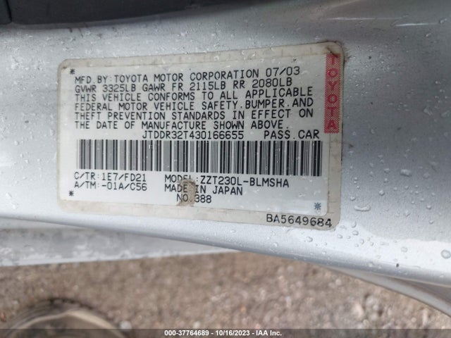 2003 TOYOTA CELICA GT VIN: JTDDR32T430166655