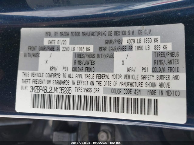 2020 MAZDA MAZDA3 SEDAN VIN: 3MZBPABL2LM135285