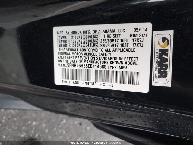 Honda Odyssey Ex-l 2014 5FNRL5H65EB114685 Image 9