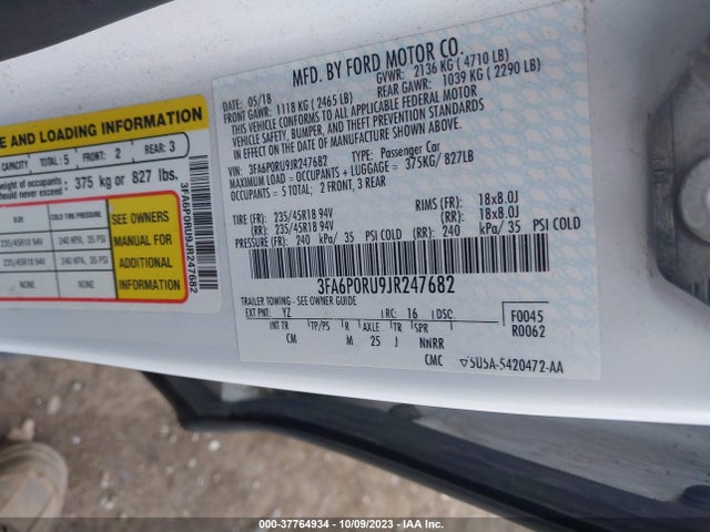 2018 FORD FUSION HYBRID TITANIUM/PLATINUM VIN: 3FA6P0RU9JR247682